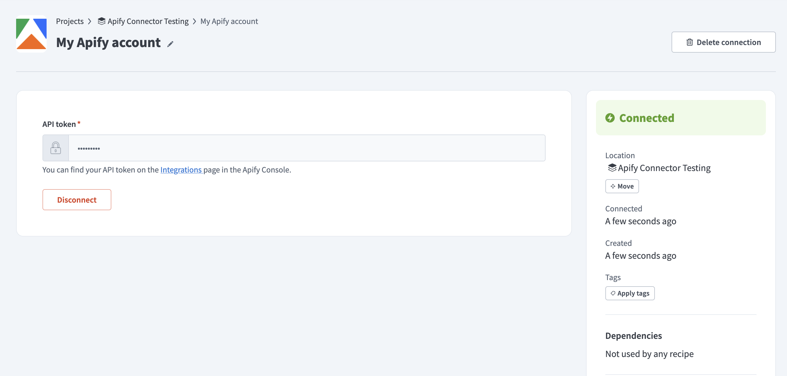 Screenshot showing successful API Key authentication in Workato