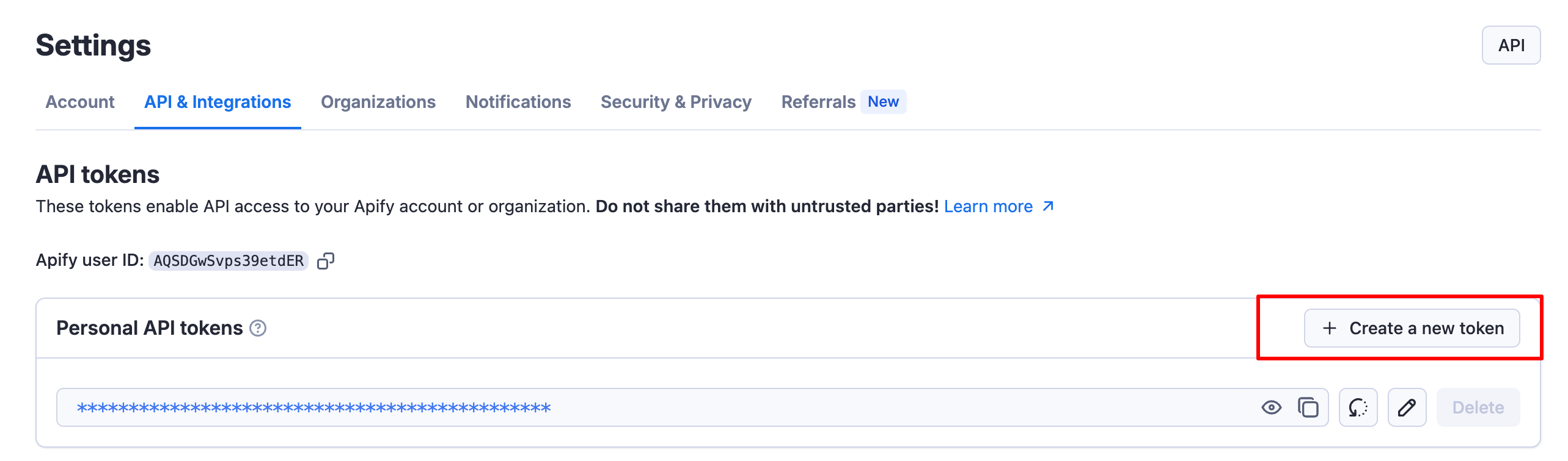 Apify Settings > API &amp; Integrations with API token