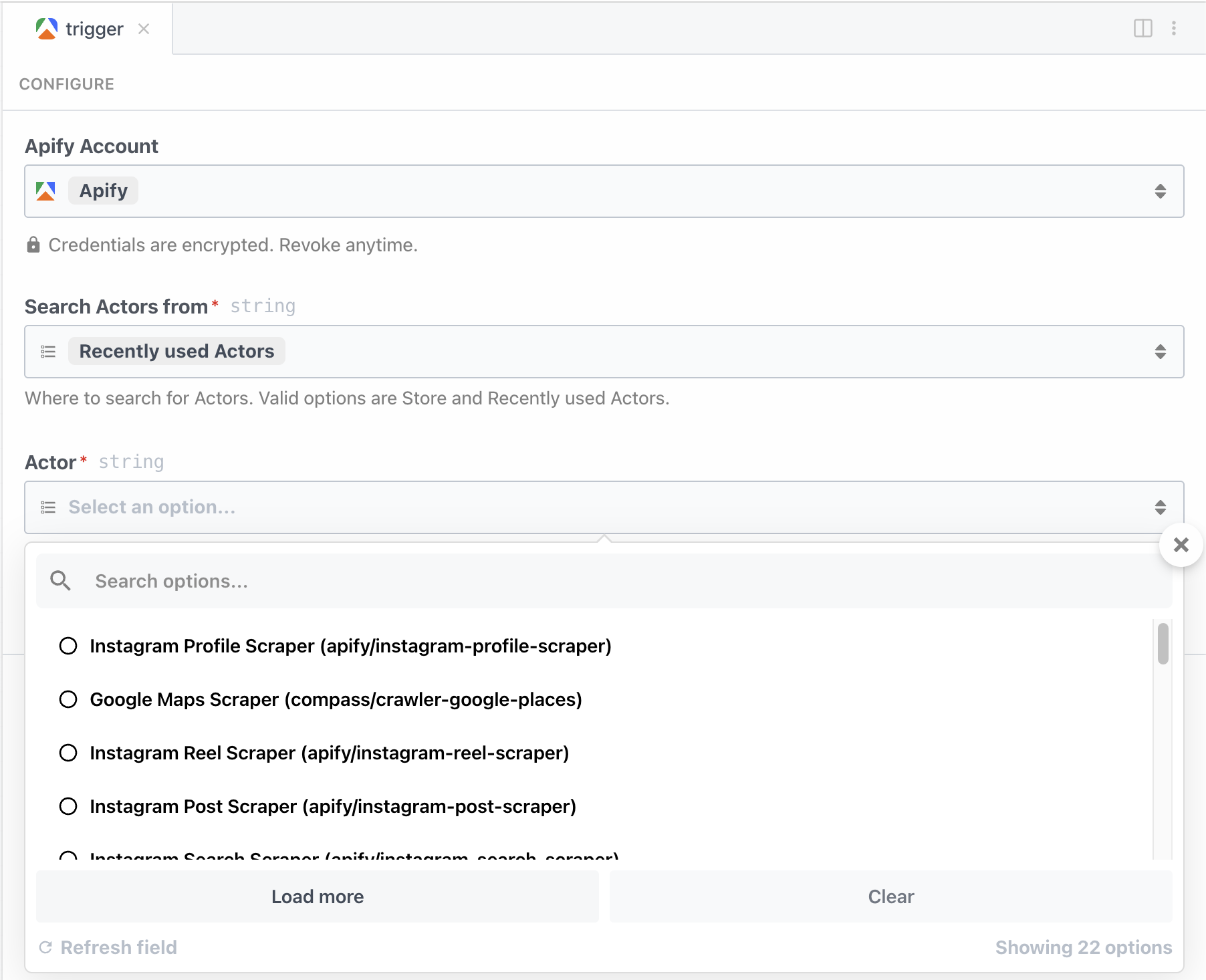 Configuring an Apify trigger in Pipedream